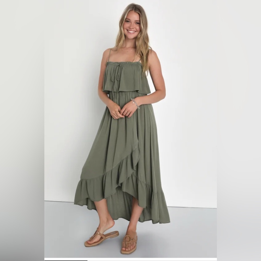 Sincerely Yours Olive Green Ruffled Midi Dress